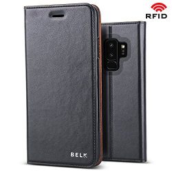 Galaxy S9 Plus Case,BELK RFID Protection[Simple Retro Style]Handmade Soft Leather Flip Folio Slim Wallet Cover Case[Magnetic Closure][Card Slot][TPU Bumper][Kickstand]For Samsung Galaxy S9 Plus