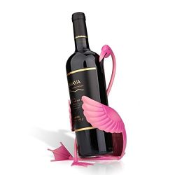 Charming pink flamingo wine holder sculpture with vivid colors and artistic design, ideal for home decor and secure wine storage. 