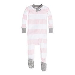 Burt's Bees Baby Baby Girls' Organic Stripe Zip Front Non-Slip Footed Sleeper Pajamas, Blossom Rugby Stripe, 3-6 Months