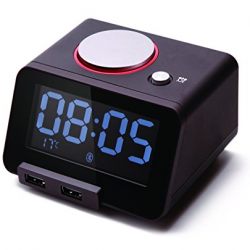 Homtime Bluetooth Alarm Clock Speaker for Bedrooms, Dual USB Ports for iPhone/iPad/iPod/Android, LCD Display, Thermometer, Personalized Alarm Ring, Black