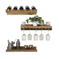 del Hutson Designs - Rustic Luxe Floating Wine Shelf & Glass Rack Set, USA Handmade, Pine Wood, Set of 3 (dark walnut)