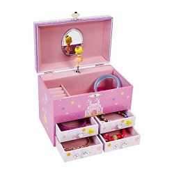 JewelKeeper Princess and a Castle Large Musical Jewelry Storage Box with 4 Pullout Drawers, Girl's Storage Case, The Spring Tune