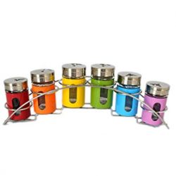 Set of 6 Colorful Retro Spice Jars Bottles With Chrome Tabletop Rack