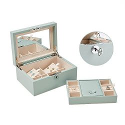 Vlando Lockable Jewlery Box, Two Tray Jewelries Collections Organizer, Girls Gift -Aqua Green