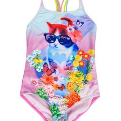 Girl's One Piece Cat Printed Swimsuit Thin Straps Bathing Suit