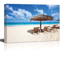 Canvas Prints Wall Art - Chairs and Umbrella on a Beautiful Tropical Beach at Anguilla, Caribbean Sea | Modern Home Deoration/Wall Decor Giclee Printing Wrapped Canvas Art Ready to Hang - 32" x 48"