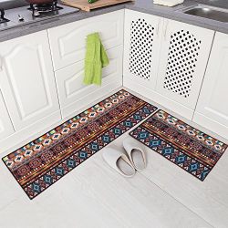 Carvapet 2 Piece Non-Slip Kitchen Mat Runner Rug Set Doormat Vintage Design Bohemia Style, Brown
