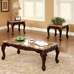 Furniture of America Beltran 3-Piece Traditional Faux Marble Top Accent Tables Set, Dark Oak