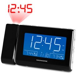 Magnasonic Alarm Clock Radio with USB Charging for Smartphones & Tablets, Time Projection, Auto Dimming, Dual Gradual Wake Alarm, Battery Backup, Auto Time Set, Large 4.8" LED Display, AM/FM (CR64W)
