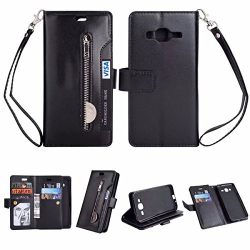 Galaxy J3 2016/J3 Case,Gift_Source [Multi Card Slots] Flip Wallet Stand Phone Cases [Wrist Strap] PU Leather Zipper Purse Folio Magnetic Cover for Samsung Galaxy J3 2016/J3/Express Prime [Black]