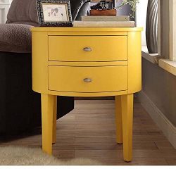 Modern Style Wood Accent Nightstand End Sofa Table Console Oval Shaped with 2-Storage Drawers - Includes ModHaus Living Pen (Yellow)