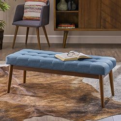 Floral Mid Century Tufted Blue Fabric Ottoman