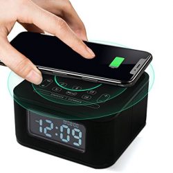 Homtime Wireless Charging Alarm Clock Radio with Bluetooth Speaker for Bedrooms,Wireless Charger for iPhone X,Snooze,4 Dimmer,USB Charger Port,Hands-Free,Black