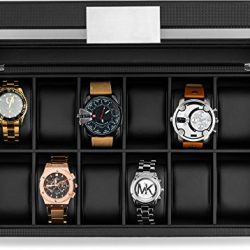 Glenor Co Watch Box for Men - 12 Slot Luxury Carbon Fiber Design Display Case, Large Holder, Metal Buckle -Black