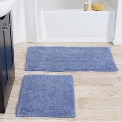 Lavish Home Cotton Bath Mat Set- 2 Piece 100 Percent Cotton Mats- Reversible, Soft, Absorbent and Machine Washable Bathroom Rugs By (Blue)