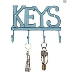 Key Holder “Keys” – Wall Mounted Western Key Holder | 4 Key Hooks | Decorative Cast Iron Key Rack | with Screws and Anchors – 6x8”- CA-1506-04 (Rustic Blue)