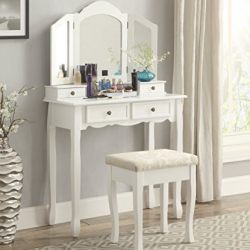 Roundhill Furniture Sanlo White Wooden Vanity, Make Up Table and Stool Set
