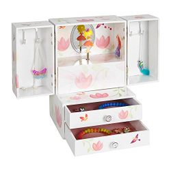 JewelKeeper Princess Musical Jewelry Armoire with 2 Pullout Drawers, White and Pink Flower Design, Waltz of the Flowers Tune