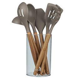 Kitchen Utensil Set - Gourmet Non-Stick Silicone Cooking Tools with Bamboo Handles - Ladle, Spatulas, Spoons, Pasta Server - Tan / Grey - 7-Piece Set Including Holder