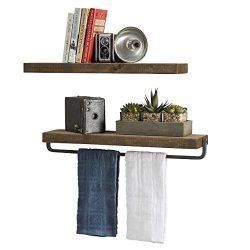 del Hutson Designs Handmade Rustic Pine Wood (2 x 24 x 5.5-inch) Floating Shelves with Towel Bar (Walnut)