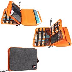 BUBM Travel Cable Organizer, Universal Electronic Accessories Bag Gear Storage for Cord, USB Flash Drive, Earphone and more, Perfect Size for iPad (Large, Grey and Orange)