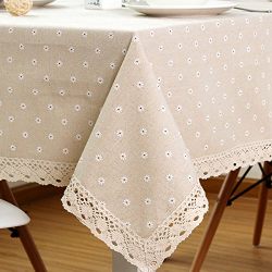 ColorBird Daisy Flower Cotton Linen Tablecloth Macrame Lace Dustproof Table Cover for Kitchen Dinning Pub Tabletop Decoration (Square, 55" x 55", Daisy)