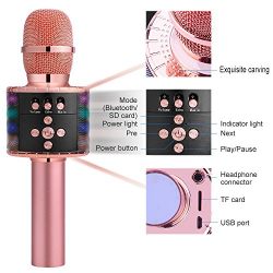 BONAOK Wireless Bluetooth Karaoke Microphone in Multi-color LED Lights, 4 in 1 Portable Handheld Home Party Karaoke Speaker Machine for Android/iPhone/iPad/Sony/PC or All Smartphone(Rose Golden)