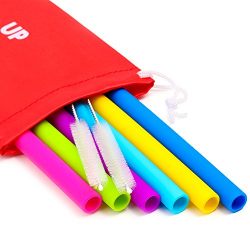 Silicone Straws for 30 oz Tumbler Complete Bundle - 6 Straight Silicone Straws for Yeti/Rtic/Ozark + 2 Brushes + 1 Red Storage Pouch - Extra Long Reusable Straws