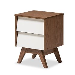 Baxton Studio Herve Mid-Century Modern White & Walnut Wood 2-Drawer Storage Nightstand, White/"Walnut" Brown