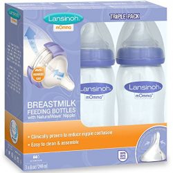 Lansinoh mOmma Breastmilk Feeding Bottle with NaturalWave Nipple, Pack of 3 Bottles, 8 Ounce Each, Medium Flow Nipples, Soft Silicone Nipple, Collapse Resistant, Anti-Colic, BPS and BPA Free