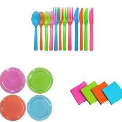 Party Essentials Brights Assorted Neon: 40- 6 inch Plates, 48 Beverage Napkins and 48 Place Settings of Disposable Extra Heavy Duty Full Size Cutlery (144 pieces); Bundled by Oasis MercantileÊ (3)