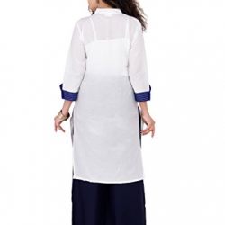BrightJet Designer Cotton White Women Fashion Kurti Straight Fit Kurta Top Tunic with Rayon Solid Blue Plazzo Set Party Dress (XL)