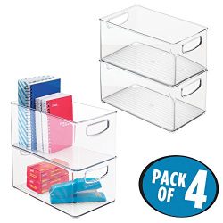 mDesign Office Organizer Bins for Pens, Pencils, Note Pads, Staples, Tape - Pack of 4, 10" x 6" x 5", Clear