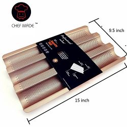Chef Made 3 Non-stick Perforated Baguette Pan French Bread Pan Wave Loaf Bake Mold, Golden