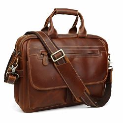 Leather Briefcase Tote Portfolio Brief Case Messenger Shoulder Bag Handbag Fit 14" Laptop Brown