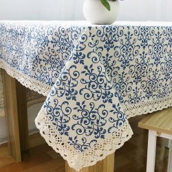 ColorBird Vintage Navy Damask Pattern Decorative Macrame Lace Tablecloth Heavy Weight Cotton Linen Fabric Decorative Table Top Cover (55 Inch x 78 Inch)
