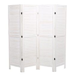 MyGift Whitewashed Wood 4 Panel Screen, Folding Louvered Room Divider