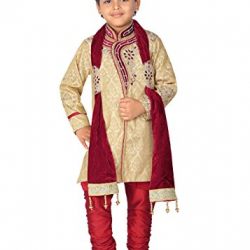 Ahhaaaa Kid's Ethnic Indian Cotton Blend Handwork Embroidery Sherwani and Breeches Set With Dupatta Special Traditional Collection for Boys (10-11 Years, Gold)