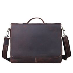 Vintage Genuine Leather Shoulder Briefcase Flapover Messenger Shoulder Bag Tote Fit 15'' Laptop (Dark Brown)