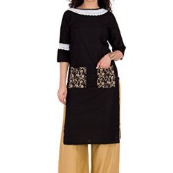 BrightJet Designer Black Cotton Lacework Women Fashion Kurti A-line Kurta Top Tunic with Rayon Solid Beige Plazzo Set Party Dress Casual (L)