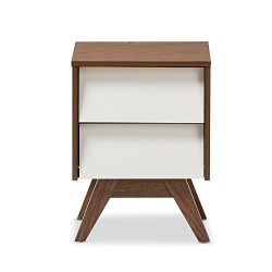 Baxton Studio Herve Mid-Century Modern White & Walnut Wood 2-Drawer Storage Nightstand, White/"Walnut" Brown