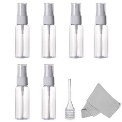 Spray Bottle, Empty Plastic Clear Small Travel Bottles With Fine Mist Sprayer for Cleaning Solutions and Essential Oils, 30 ml (1 oz.) Pack of 6 Plus Cleaning Cloth and Dropper