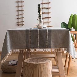 ColorBird Stitching Tassel Tablecloth Cotton Linen Dust-proof Table Cover for Kitchen Dinning Tabletop Decoration (Rectangle/Oblong, 55 x 102 Inch, Gray)