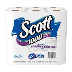 Scott 1000 Sheets Per Roll Toilet Paper, 27 Rolls, Sewer-Safe, Septic-Safe, 1-Ply Bath Tissue, America's Longest Lasting Roll