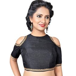 Bollywood Blouses Women's Readymade Back Open Dupion Silk Elbow Length Saree Blouse Large Black