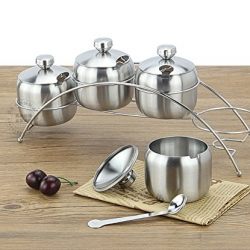 Quality Stainless Steel Made| Spice Seasoning Jars Containers with Lids and Spoons on Non-Slip Rack - Set of 4 Containers