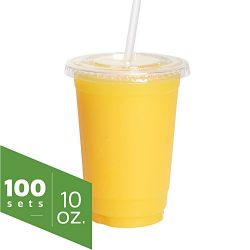 10 oz. Clear Plastic Cups with Flat Lids [100 Sets], Smoothie, Milkshake, Ice Coffee Cups