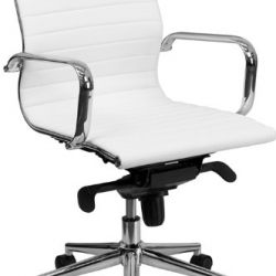Flash Furniture Mid-Back White Ribbed Leather Swivel Conference Chair with Knee-Tilt Control and Arms