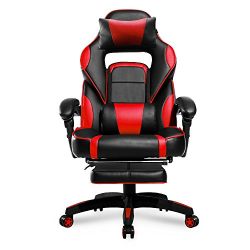 Merax High-Back Racing Home Office Chair, Ergonomic Gaming Chair with Footrest, PU Leather Swivel Computer Home Office Chair including Headrest and Lumbar Support (red)