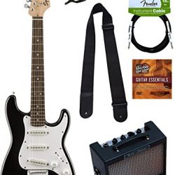 Squier by Fender Mini Strat Electric Guitar - Black Bundle with Amplifier, Instrument Cable, Tuner, Strap, Picks, Austin Bazaar Instructional DVD, and Polishing Cloth